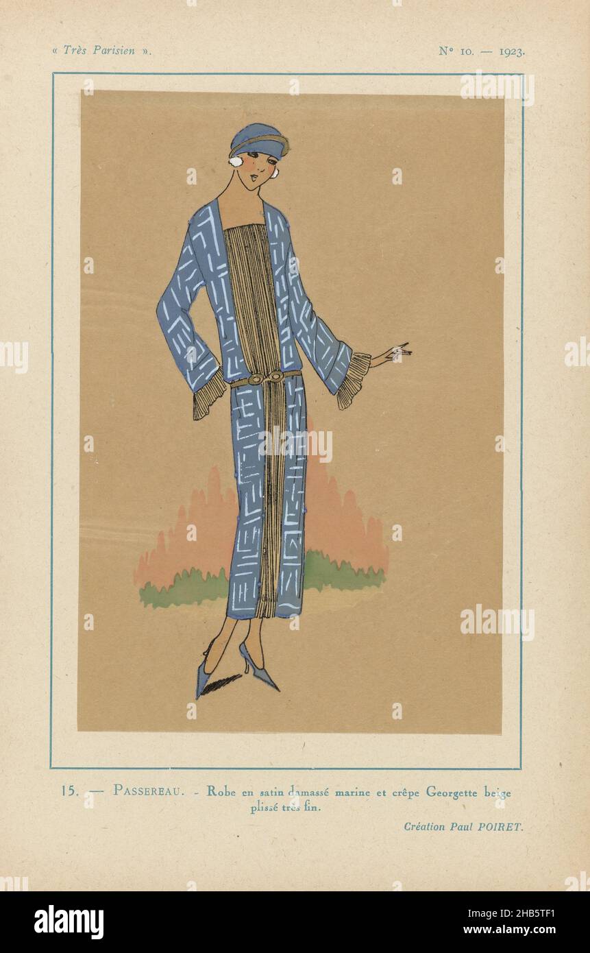 Paris, 1923, No 10: 15.- PASSEREAU.- Robe en satin damassé..., robe bleu marine 'satin damassé' (satin) et crêpe finement plissée Georgette en beige.Conception par Paul Poiret.Imprimé du magazine de mode Très parisien (1920-1936)., imprimerie : anonyme, Paul Poiret (mentionné sur l'objet), Paris, 1923, papier, impression typographique,hauteur 269 mm × largeur 180 mm Banque D'Images
