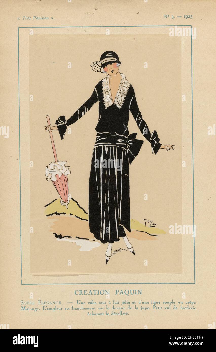 Paris, 1923, n° 3 : création de PAQUIN.Sobre Elégance..., Design by Paquin.Une très belle robe d'une crêpe souple Majunga.Plissé sur le devant de la jupe.Petit col avec broderie.Accessoires: cloche (chapeau de pot), parasol, chaussures avec nez pointu.Imprimé du magazine de mode Très parisien (1920-1936)., Imprimeur: Anonyme, Jeanne Paquin (mentionné sur l'objet), Paris, 1923, papier, impression typographique,hauteur 269 mm × largeur 180 mm Banque D'Images