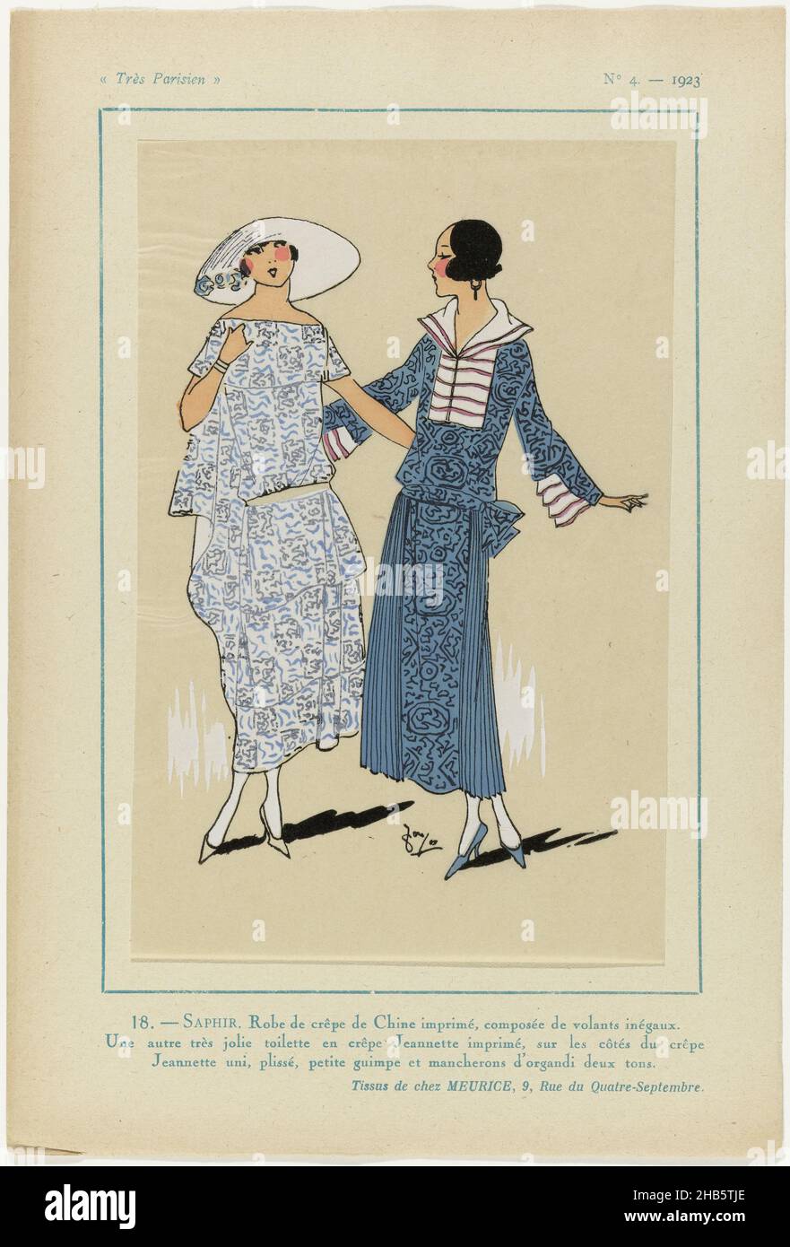 Très parisien, 1923, No. 4: SAPHIR., robe de 'crêpe de Chine' imprimée composée de flounces inégales.Une autre 'toilette' de 'crêpe Jeannette' imprimée, avec une crêpe Jeannette unie des deux côtés, plissée, petite 'guimpe' et poignets en organdi bicolore.Tissus de Meurice.Imprimé du magazine de mode Très parisien (1920-1936)., imprimerie : anonyme, J. Meurice & Cie (mentionné sur l'objet), Paris, 1923, papier, impression typographique,hauteur 269 mm × largeur 180 mm Banque D'Images