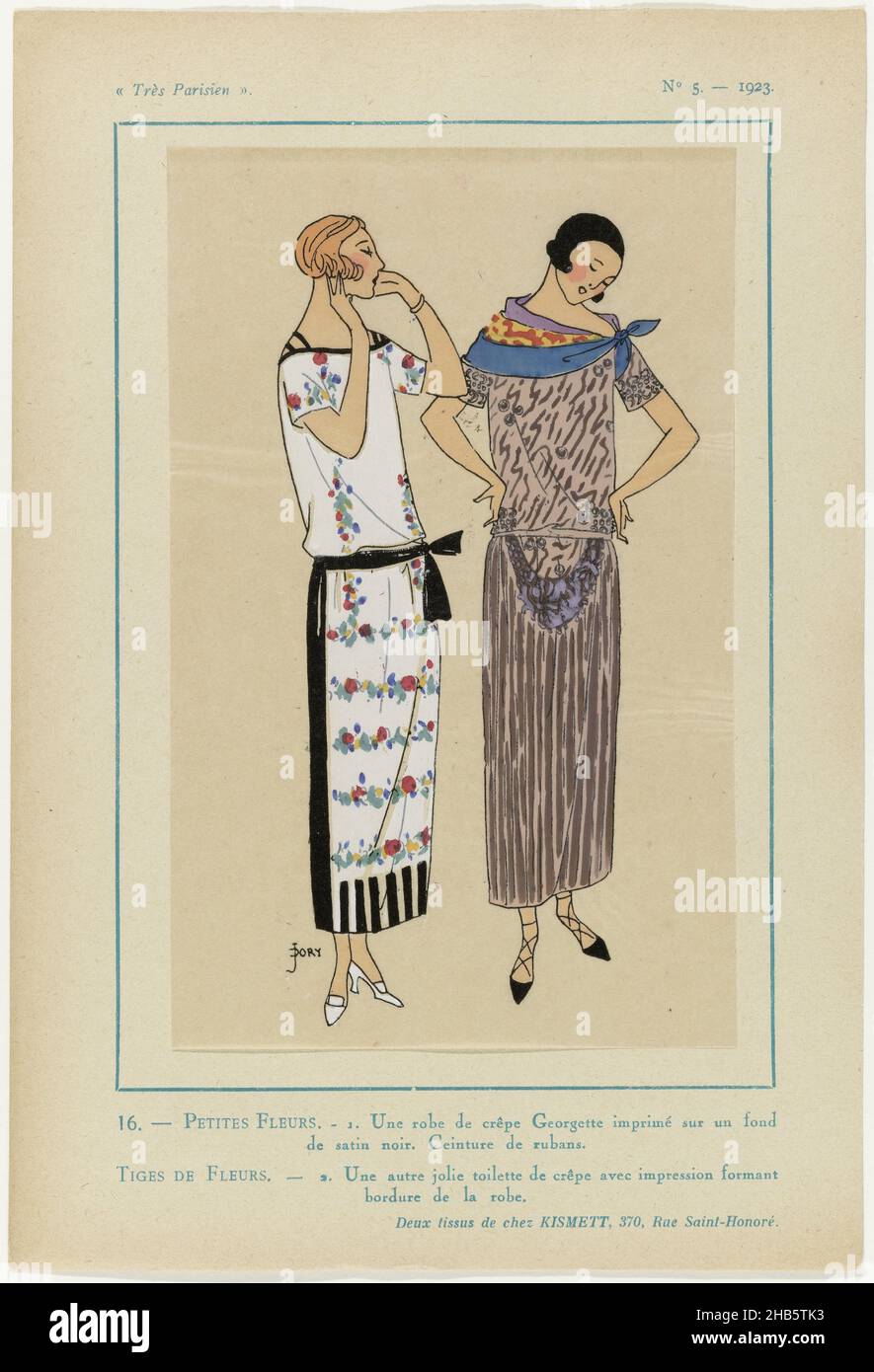Très parisien, 1923, No 5: 16.-PETITES FLEURS.- une robe de crêpe Georgette..., 1.Robe de crêpe Georgette imprimée sur un sol en satin noir.Ceinture de rubans.2. Une autre «toilette» de crêpe imprimée formant le bord de la robe.Deux tissus de Kismett.Imprimé du magazine de mode Très parisien (1920-1936)., J. Dory (mentionné sur l'objet), imprimerie: Anonyme, Paris, 1923, papier,impression typographique, hauteur 269 mm × largeur 180 mm Banque D'Images