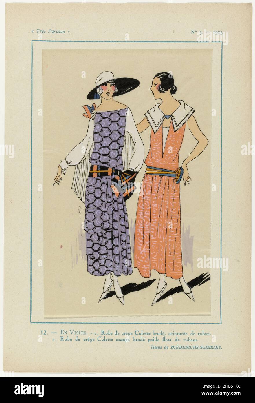 Paris, 1923, No 5: 12.- en VISITE..., 1.Robe de « crêpe Colette » brodée, avec une ceinture de ruban.2. Robe de crêpe orange Colette brodée avec motif de curling jaune de rubans.Tissus de Diéderichs-Soieries.Imprimé du magazine de mode Très parisien (1920-1936)., imprimerie: Anonyme, Diederichs-Soieries (mentionné sur l'objet), Paris, 1923, papier, impression typographique,hauteur 269 mm × largeur 180 mm Banque D'Images