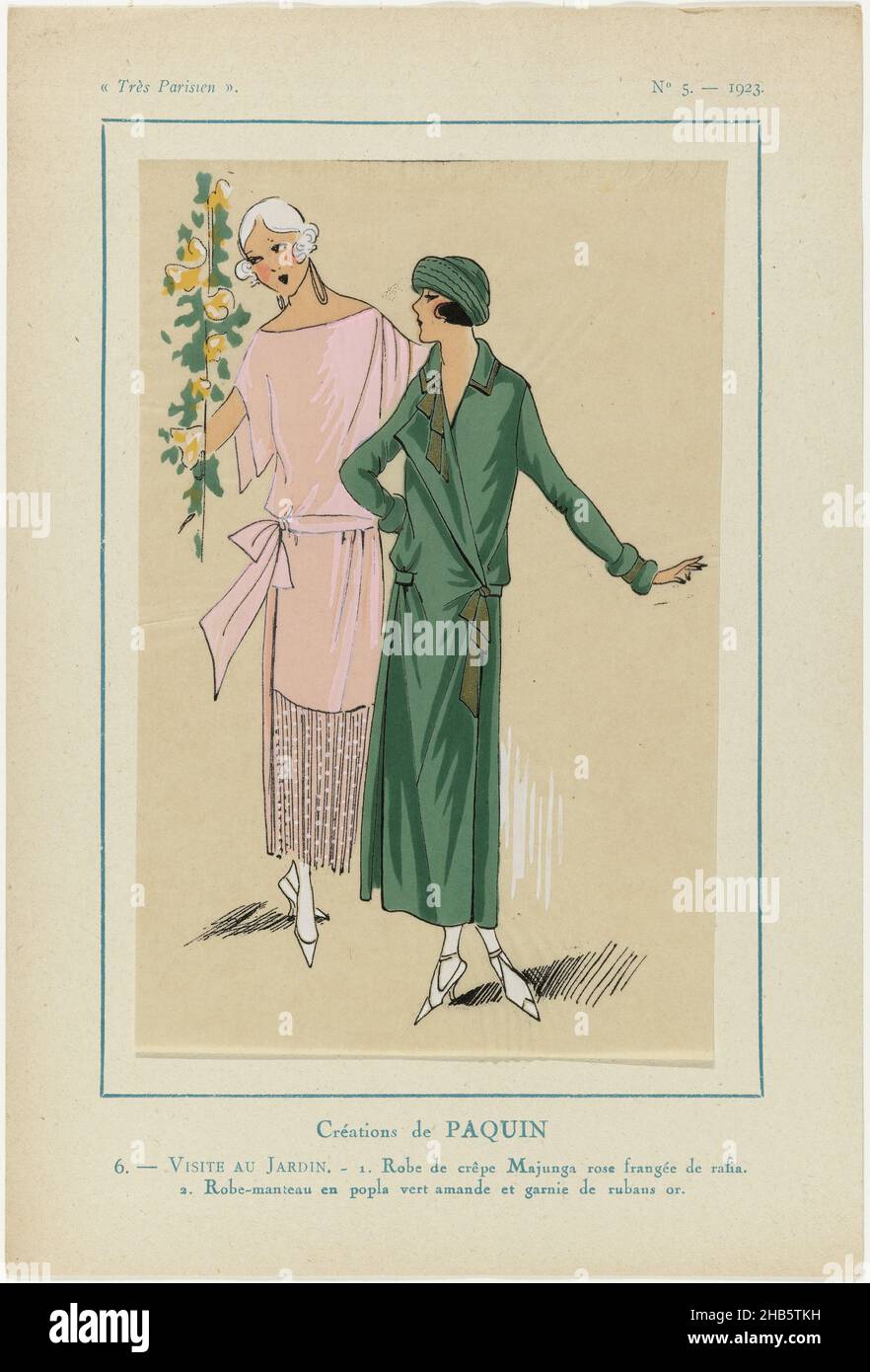 Paris, 1923, n° 5: 6.- VISITE au JARDIN..., Designs by Paquin.1. Robe de crêpe rose Majunga avec franges de la rafia.2. 'Robe-manteau' (robe-veste) de 'Popla' vert amande et garni de rubans dorés.Imprimé du magazine de mode Très parisien (1920-1936)., Imprimeur: Anonyme, Jeanne Paquin (mentionné sur l'objet), Paris, 1923, papier, impression typographique,hauteur 269 mm × largeur 180 mm Banque D'Images