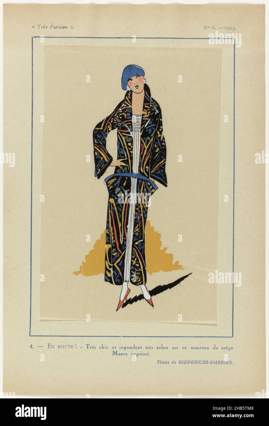 Paris, 1923, No 6: 4.- en ROUTE !- très chic...., un manteau de crêpe imprimée Maroc.Tissus de Diéderichs- Soieries.Accessoires: beret, pompes.Imprimé du magazine de mode Très parisien (1920-1936)., imprimerie: Anonyme, Diederichs-Soieries (mentionné sur l'objet), Paris, 1923, papier, impression typographique,hauteur 269 mm × largeur 180 mm Banque D'Images