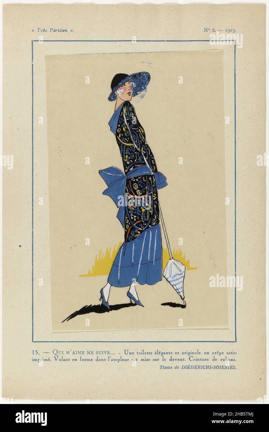 Paris, 1923, n° 6: 15.- QUI M'AIME ME SUIVE...- une toilette élégante..., un ensemble de satin de crêpe imprimé.Un volume plus large à l'avant.Ceinture de rubans.Autres accessoires: chapeau à large ciel, bâton de marche (parasol?), pompes.Tissus de Diéderichs-Soieries.Imprimé du magazine de mode Très parisien (1920-1936)., imprimerie: Anonyme, Diederichs-Soieries (mentionné sur l'objet), Paris, 1923, papier, impression typographique,hauteur 269 mm × largeur 180 mm Banque D'Images