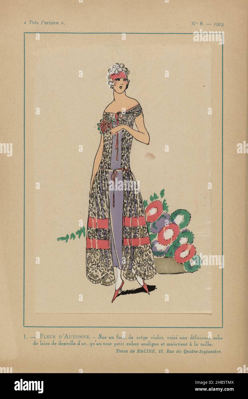 Très parisien, 1923, No 8: 1 - FLEUR d'AUTOMNE., sur un fond de cr&amp;epe violet..., sur fond de crêpe pourpre une grande robe de dentelle dorée avec un petit ruban à la taille.Tissus de racine.Accessoires : serre-tête, fleur en relief, pompes.Imprimé du magazine de mode Très parisien (1920-1936)., imprimerie : anonyme, V. racine (mentionné sur l'objet), Paris, 1923, papier, impression typographique,hauteur 269 mm × largeur 180 mm Banque D'Images