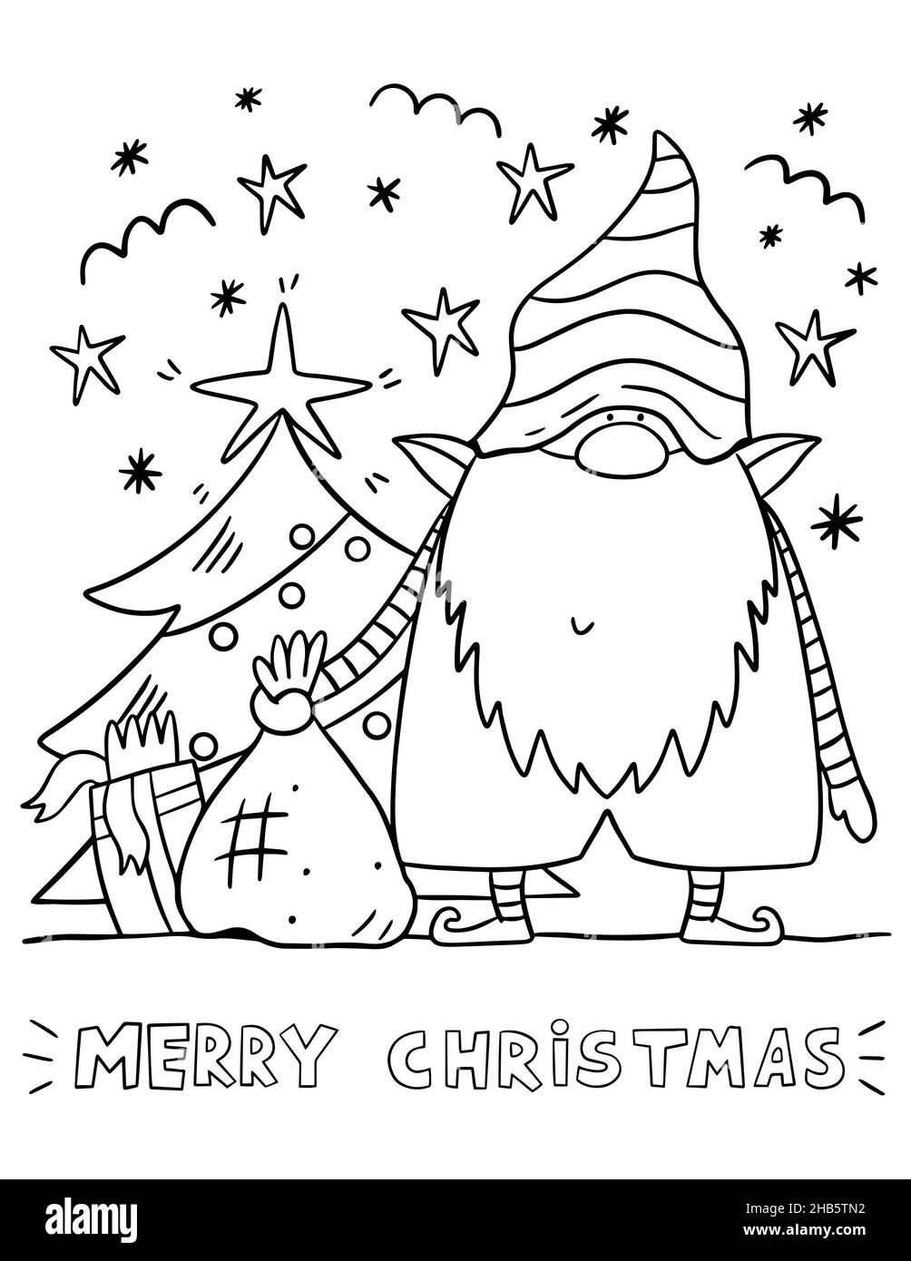 Page de livre de coloriage de gnome de Noël.Carte de coloriage Joyeux Noël pour les enfants. Banque D'Images