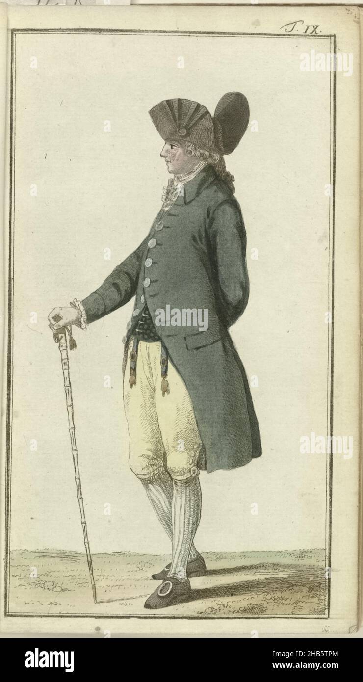 Journal des Luxus und der Moden 1786, Band I, T. 9, petit maitre, 'én chenille' (en négligé).Sur la tête un chapeau 'à l'Androsmane', autour du cou un épais mouchoir anglais de mousseline.Frak avec de grands boutons de nacre.Veste sans manches, culottes avec boucles anglaises.Bas à rayures blanches et bleues, chaussures à nez carré et boucles.Deux montres sur lilas chatelaines 'à lÓfficier'.Bâton de marche avec bouton doré.Imprimé du magazine de mode Journal des Luxus und der Moden, publié par Friedrich Justin Bertuch et Georg Melchior Kraus, Weimar, 1786-1826., éditeur: Friedrich Justin Banque D'Images