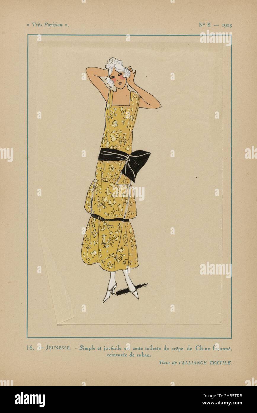 Paris, 1923, No 8: 16.-JEUNESSE.- simple et juvénile..., 'Toilette' de 'crêpe de Chine façade' avec une ceinture de ruban.Tissu d'Alliance textile.Imprimé du magazine de mode Très parisien (1920-1936)., imprimerie: Anonyme, Alliance textile (mentionné sur l'objet), Paris, 1923, papier, impression typographique,hauteur 269 mm × largeur 180 mm Banque D'Images