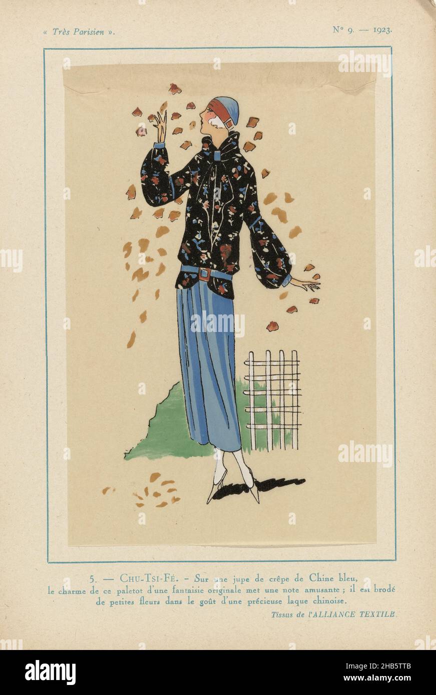 Paris, 1923, n° 9: 5.- CHU-TSI-FÉ.- sur une jupe de crêpe de Chine..., jupe de crêpe de Chine bleue et un paletot brodé de petites fleurs dans le style de laque chinoise.Tissus d'Alliance textile.Imprimé du magazine de mode Très parisien (1920-1936)., imprimerie: Anonyme, Alliance textile (mentionné sur l'objet), Paris, 1923, papier, impression typographique,hauteur 269 mm × largeur 180 mm Banque D'Images