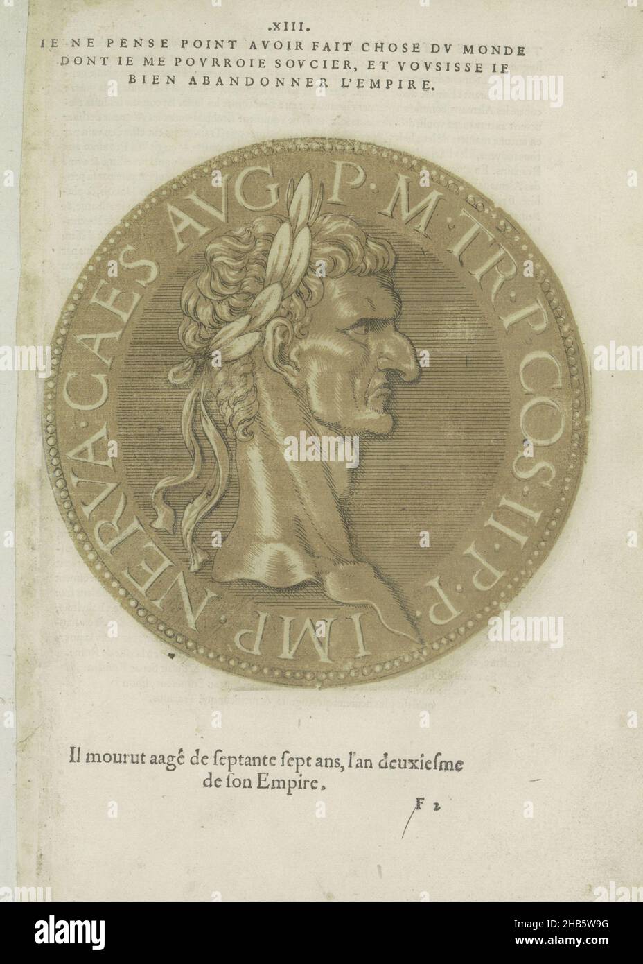 Portrait de l'empereur Nerva, les images presse de tous les empereurs (titre de la série), Portrait de l'empereur Nerva, sur une pièce de monnaie avec lettrage de bord.L'imprimé fait partie d'un livre sur les empereurs de Jules César à Charles V et son frère Ferdinand., Joos Gietleughen, imprimeur: Hubert Goltzius, Anvers, 1557 et/ou 1559, papier, gravure,impression typographique, hauteur 181 mm × largeur 180 mm Banque D'Images