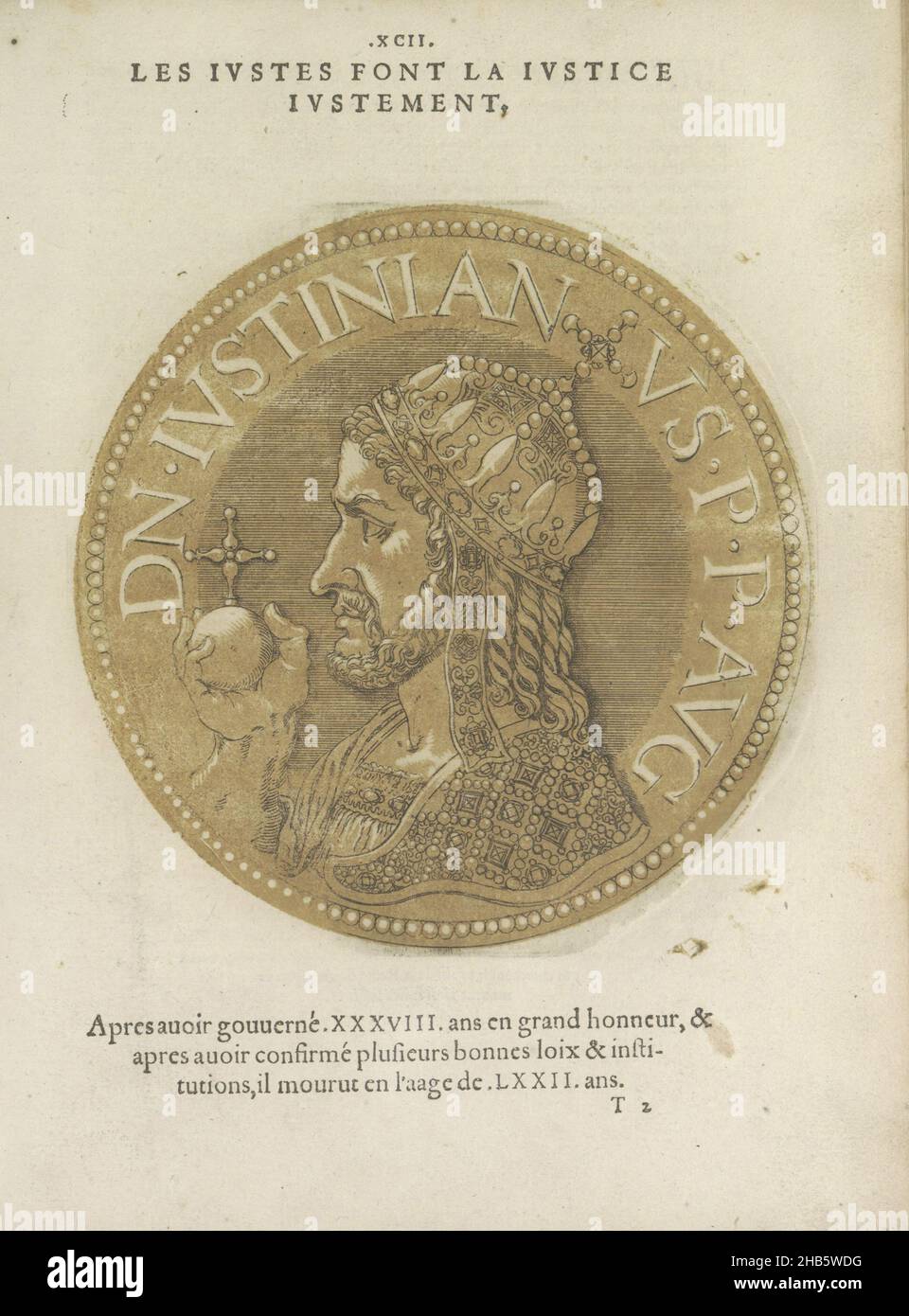 Portrait de l'empereur Justinien Iles images presse de tous les empereurs (titre de la série), Portrait de l'empereur Justinien I, sur une pièce de monnaie avec inscription sur les bords.L'imprimé fait partie d'un livre sur les empereurs de Jules César à Charles V et son frère Ferdinand., Joos Gietleughen, imprimeur: Hubert Goltzius, Anvers, 1557 et/ou 1559, papier, gravure,impression typographique, hauteur 180 mm × largeur 179 mm Banque D'Images