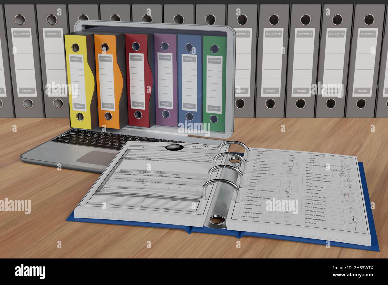 Illustration 3D. Ordinateurs avec dossiers de couleur pour le stockage de documents. Base de données. Banque D'Images