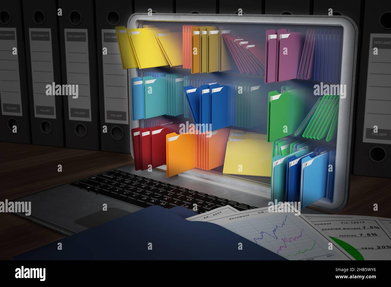 Illustration 3D. Ordinateurs avec dossiers de couleur pour le stockage de documents. Base de données. Banque D'Images