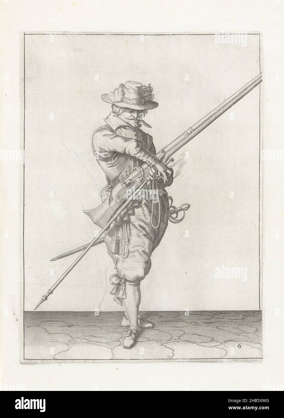 Soldat avec un mousket ramassant son fusible (non6), c.1600, Un soldat, de pleine longueur, à droite, tenant un mousquet (un certain type d'arme à feu) avec sa main gauche (non6), c.1600. Dans sa main gauche, en plus du mousquet, il tient une fureur (fourche de mousquet) et une mèche brûlante.Avec sa main droite, il reprend cette mèche.Plaque 6 dans le mode d'emploi du mousquet: Corte onderrechtche op de figuerlicke afbeeldinghe, soo veel aengaet het recht ghebruyck van Musquet.Partie des illustrations dans: J. de Gheyn, Wapenhandelinghe van Roers Musquetten ende speiessen, Amsterdam, 1608.Martial Banque D'Images Soldat avec un mousket ramassant son fusible (non6), c.1600, Un soldat, de pleine longueur, à droite, tenant un mousquet (un certain type d'arme à feu) avec sa main gauche (non6), c.1600. Dans sa main gauche, en plus du mousquet, il tient une fureur (fourche de mousquet) et une mèche brûlante.Avec sa main droite, il reprend cette mèche.Plaque 6 dans le mode d'emploi du mousquet: Corte onderrechtche op de figuerlicke afbeeldinghe, soo veel aengaet het recht ghebruyck van Musquet.Partie des illustrations dans: J. de Gheyn, Wapenhandelinghe van Roers Musquetten ende speiessen, Amsterdam, 1608.Martial Banque D'Images