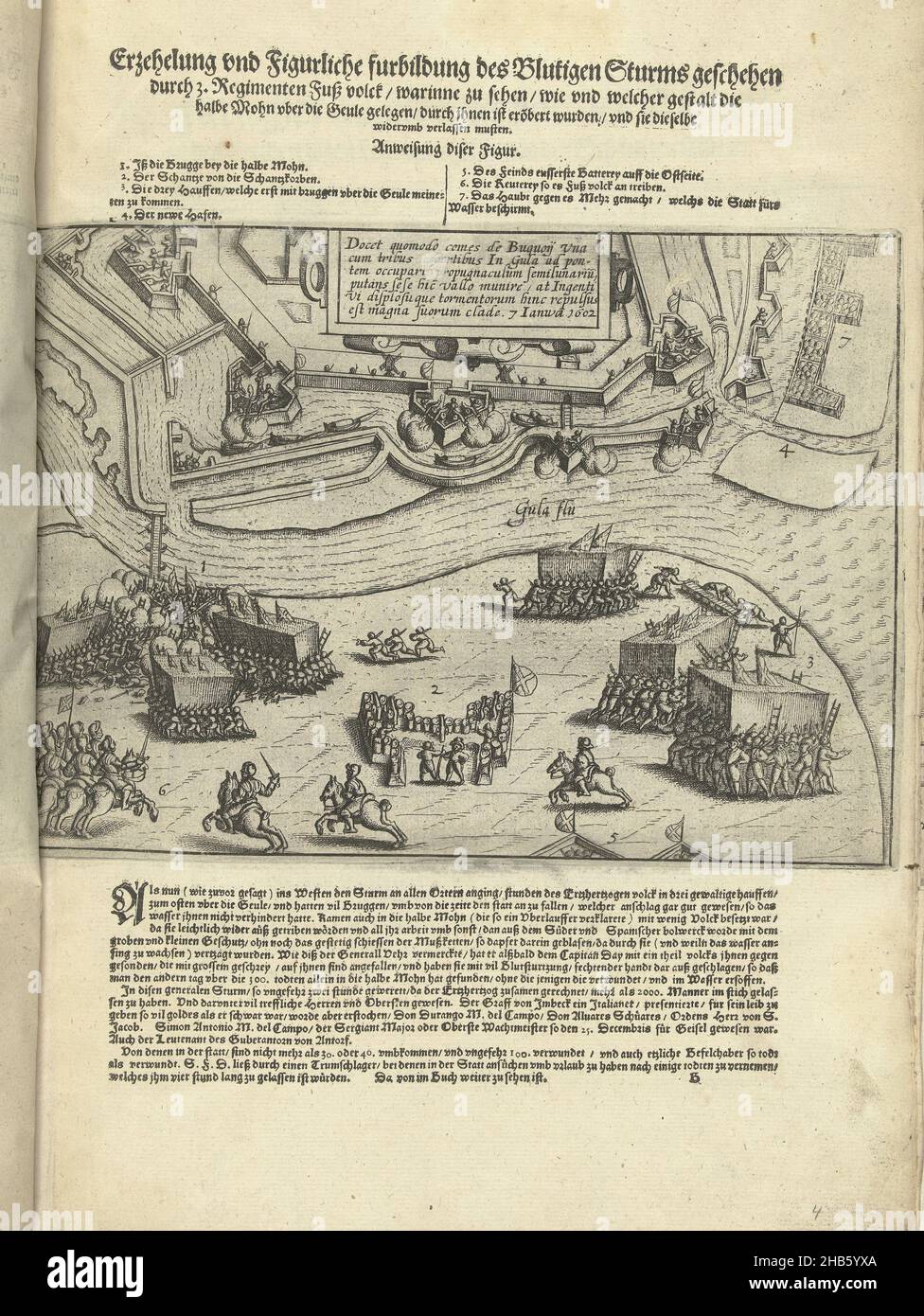 Siège d'Ostende: Cirage par Bucquoy le 7 janvier 1602, Erzehelung und Figurliche furbildung des Blutigen Sturms geschehen durch 3.Regimenten Fuß volck, warinne zu sehen, wie und welcher gestalt die halbe Mohn uber die Geule gelegen, durch inhen eröbert wurden, et sie dieselbe widerquoverlassen musten (titre sur objet), rempart des défenses d'Ostende par les troupes espagnoles sous le Comte de Bucy du 7 janvier 1602.En bas à gauche en lutte à la lunette de l'autre côté de la rivière Geule, en haut au centre d'une cartouche avec inscription en latin.Au-dessus de la, imprimer le titre avec l'explication de la Banque D'Images