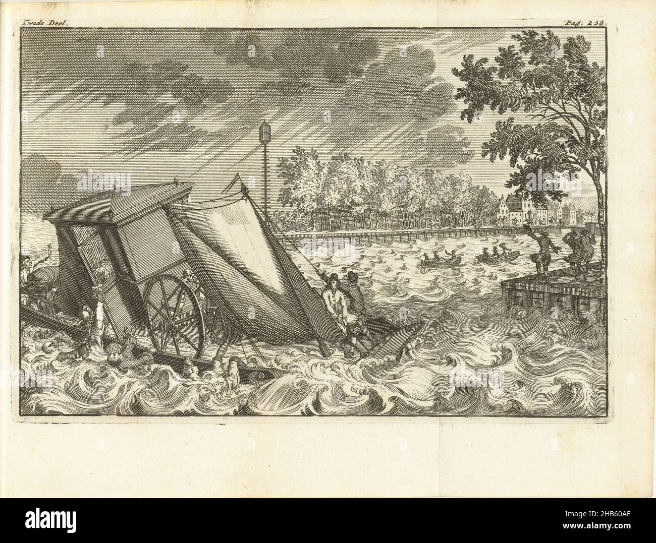 Noyade de Johan Willem Friso, 1711 ans, le prince Johan Willem Friso se noie en traversant le Diep Hollands près de Moerdijk le 14 juillet 1711.Illustration dans la traduction néerlandaise de 1716 de J. Lamigue, Het leven van Zyne Hoogheit Johan Willem Friso, dl.II, p. 238/239., imprimerie: Matthijs Pool (éventuellement), éditeur: Johannes van Oosterwyk, imprimerie: Pays-Bas du Nord, éditeur: Amsterdam, 1714 - 1716, papier, gravure,hauteur 128 mm × largeur 192 mm Banque D'Images