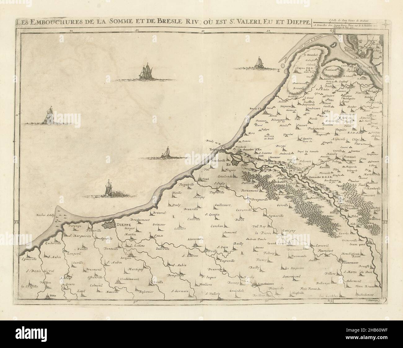 Carte de la côte nord de la France avec les bouches de la somme et de la Bresle, 1710, les emboutures de la somme et de Bresle riv, ou est St Valeri, eu et Dieppe (titre sur objet),Carte de la côte nord de la France avec les bouches de la somme et de la Bresle, 1710.Partie d'une collection groupée de plans de batailles et de villes célèbres dans la guerre de succession espagnole.Cette plaque est parmi les 24 premières plaques qui constituent une très grande carte du sud des pays-Bas., imprimerie: Jacobus Harrewijn (mentionné sur l'objet), éditeur: Eugene Henry Fricx (mentionné sur l'objet), Bruxelles Banque D'Images