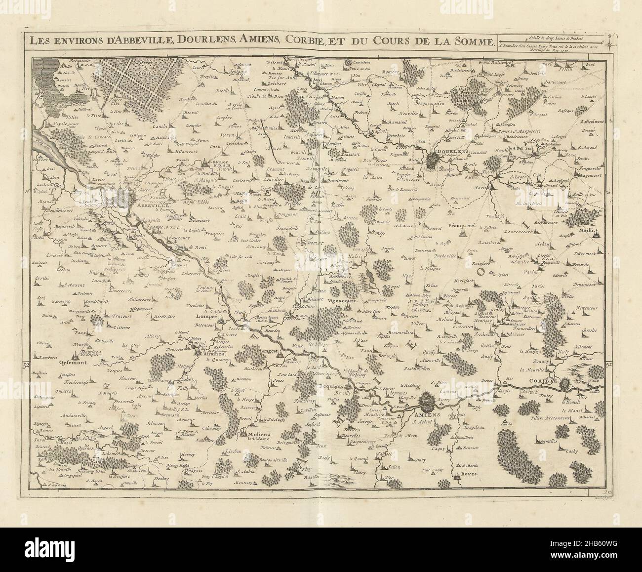 Carte du nord de la France avec le cours de la somme, 1710, les environs d'Abbeville, Dourlens, Amiens,Corbie, et du cours de la somme (titre sur objet), carte du nord de la France avec la région autour du cours de la somme, 1710.Partie d'une collection groupée de plans de batailles et de villes célèbres dans la guerre de succession espagnole.Cette plaque est parmi les 24 premières plaques qui composent une très grande carte du sud des pays-Bas., imprimerie: Jacobus Harrewijn (mentionné sur l'objet), éditeur: Eugene Henry Fricx (mentionné sur l'objet), Bruxelles, 1710, papier, gravure,gravure, hauteur 444 Banque D'Images
