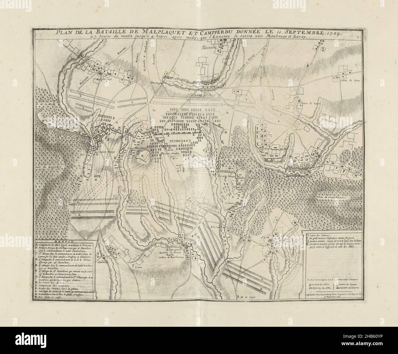 Bataille de Malplaquet, 1709, Plan de la bataille de Malplaquet et Camperdu ennée le 11 septembre 1709 (titre sur objet), bataille de Malplaquet, entre les alliés du duc de Marlborough et le prince de Savoie et les Français, 11 septembre 1709.Légende inférieure gauche A-N en français.Partie d'une collection groupée de plans de batailles et de villes célèbres dans la guerre de succession espagnole., imprimerie: Jacobus Harrewijn (attribué à), Brüchman (mentionné sur objet), Bruxelles, 1709, papier, gravure,hauteur 387 mm × largeur 480 mm Banque D'Images