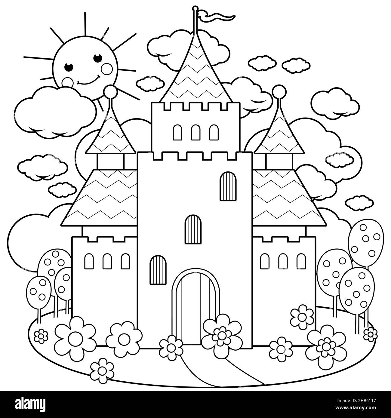 Magnifique château de conte de fées.Page de couleur noir et blanc. Banque D'Images
