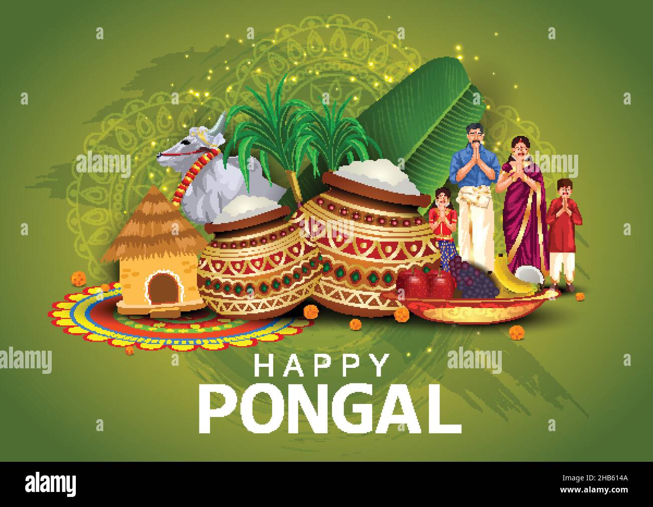 Festival de récolte sud-indien, joyeuses fêtes Pongal salutations avec des éléments Pongal, la canne à sucre et la plaque de props religieux. Vecteur illustrateur Illustration de Vecteur