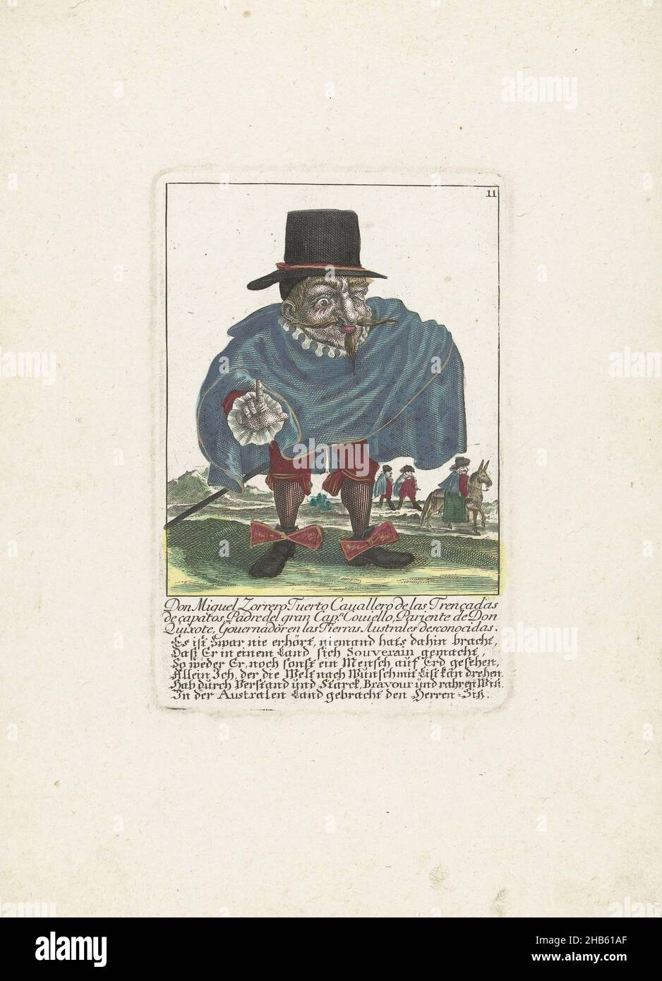 Le nain espagnol Don Miguel Zorrero Tuerto, c.1710, Don Miguel Zorrero Tuerto Cavallero de las Trencedas de capatos, Padre del gran CAPN.Covielllo, Pariente de Don Quichotte, Governadoren en las Tierras Australes desconocidas (titre sur l'objet), il Callotto resurcitato oder Neu eingerichtes Zwerchen Cabinet (titre de la série), le nain espagnol à un œil Don Miguel Zorrero Tuerto.Dans la légende ci-dessous le titre, un verset de quatre lignes en allemand.Numéroté en haut à droite : 11.Partie d'une édition à feuilles volantes de c.1710 d'une série de caricatures représentant des nains, connu sous le nom de scène de Dawef., imprimeur: Martin Banque D'Images