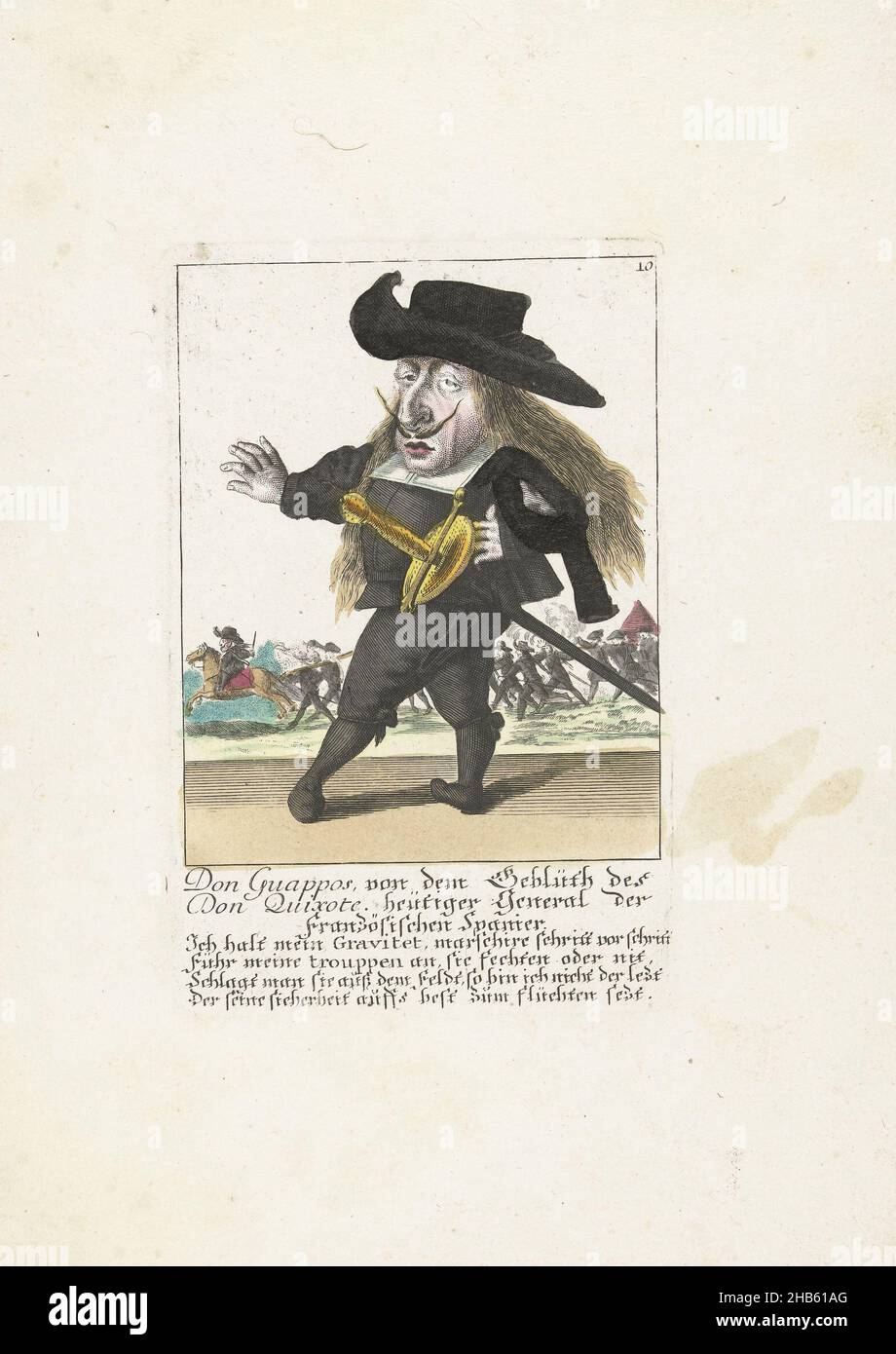 Le nain espagnol Don Guappos, c.1710, Don Guappos, von dem Geblüth des Don Quichotte, heuteur général der Französischen Spanier (titre sur objet), il Callotto resurcitato oder Neu eingerichtes Zwerchen Cabinet (titre de série), le nain espagnol Don Guappos.Dans la légende ci-dessous le titre, un verset de quatre lignes en allemand.Numéroté en haut à droite : 10.Partie d'une édition à feuilles volantes de c.1710 d'une série de caricatures représentant des nains, connu sous le nom de Dawarf Stage., imprimerie: Martin Engelbrecht (attribué à), Augsbourg, 1705 - 1715, papier, gravure,gravure, hauteur 170 mm × largeur 110 mm hauteur 320 mm Banque D'Images