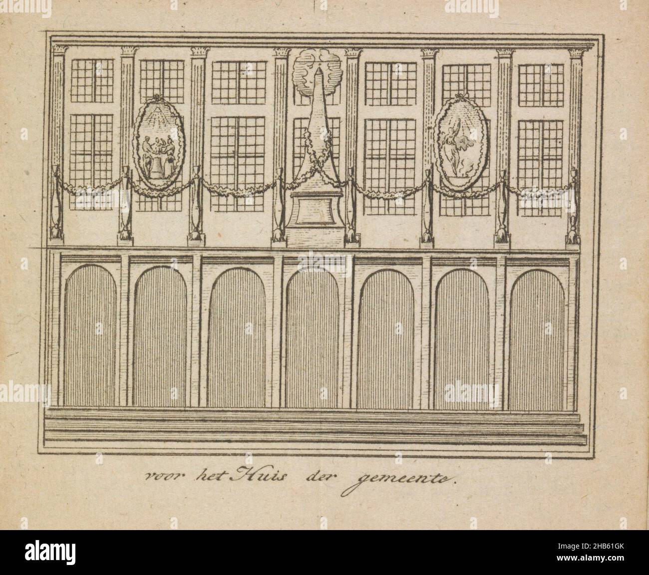 Décorations sur la Mairie sur la place du Dam, 1795 pour la Maison de la Municipalité (titre sur objet), l'unité et l'indivisibilité à venir du Commonwealth Batavian, décorations allégoriques sur la façade de la Mairie sur la place du Dam à Amsterdam.Illustration dans la révolution Batavienne et l'alliance almanach pour 1796., imprimeur: Anonyme, éditeur: Hendrik Arend Banse, imprimeur: Pays-Bas, éditeur: Amsterdam, 1795, papier,gravure, hauteur 98 mm × largeur 116 mm Banque D'Images