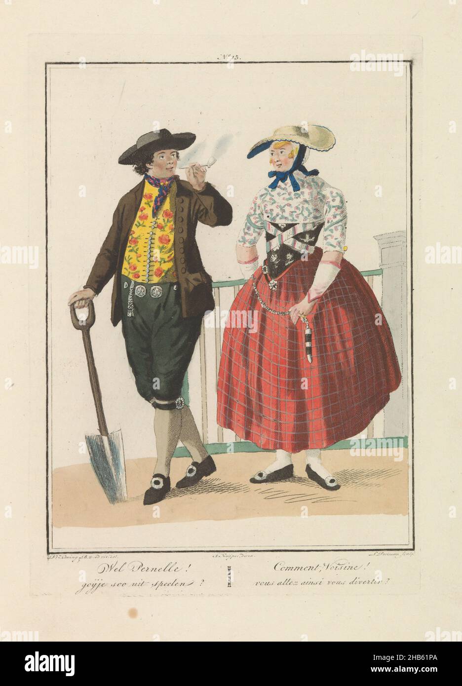 Homme et femme de Beveland Sud, bien Pernelle!Goijje soo out speelen?, Commentaire, Voisine!vous êtes déjà en droit de vous détourner ?(Titre sur l'objet), Homme et Femme en costume de l'île Zeeland de Zuid-Beveland.Fermier tenant une bêche, et femme portant une large jupe rouge.Partie d'une édition liée de la série de vingt-quatre plaques de costumes hollandais dans le Royaume des pays-Bas au début du XIXe siècle par Maaskamp, 1829., imprimeur: Ludwig Gottlieb Portman (mentionné sur l'objet), dessinateur intermédiaire: D. BZ. De Koning (mentionné sur l'objet), imprimeur: Pays-Bas Banque D'Images