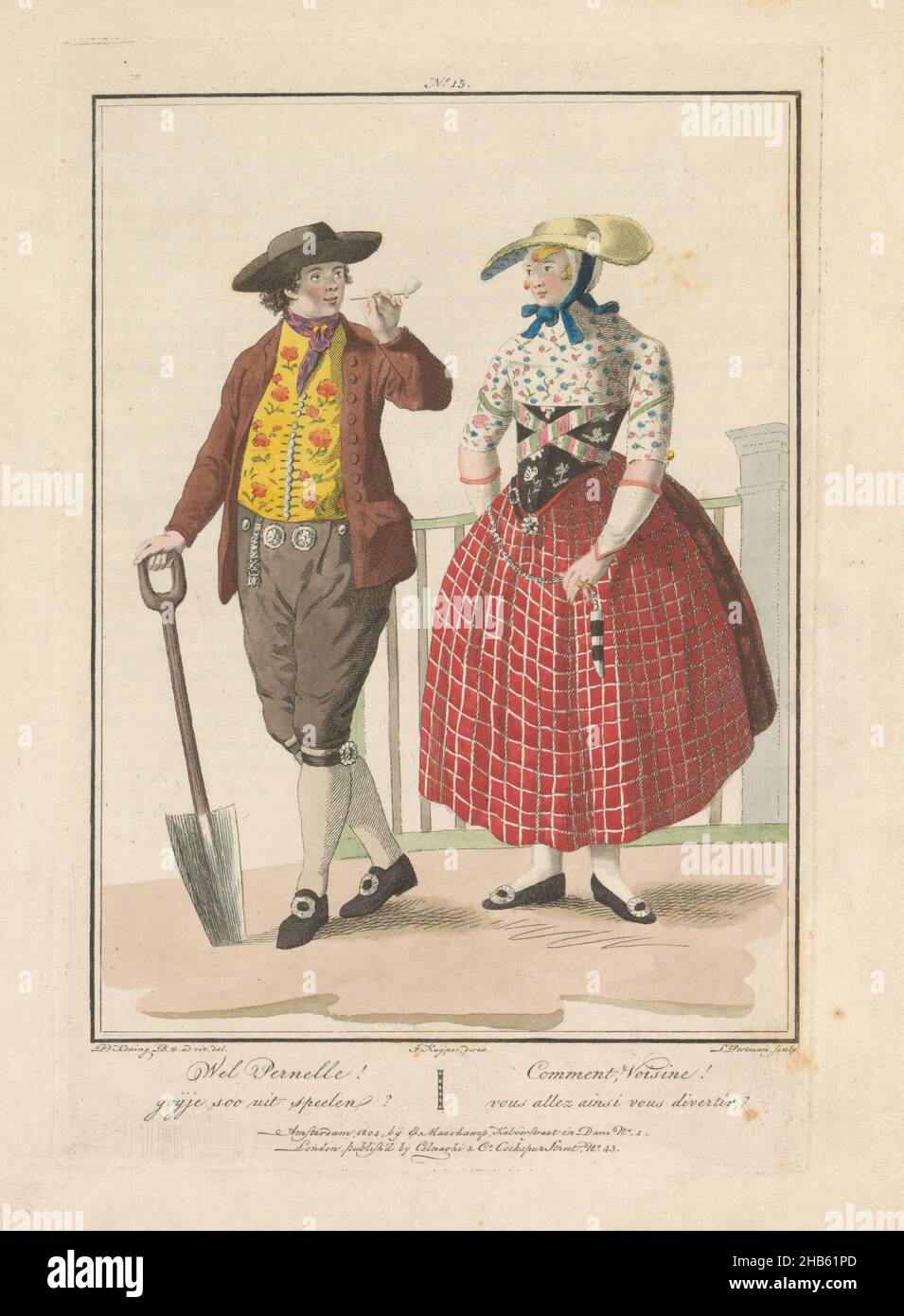 Homme et femme de Beveland Sud, bien Pernelle!Goijje soo out speelen?, Commentaire, Voisine!vous êtes déjà en droit de vous détourner ?(Titre sur l'objet), Homme et Femme en costume de l'île Zeeland de Zuid-Beveland.Fermier tenant une bêche, et femme portant une large jupe rouge.Quatrième tranche de quatre plaques, publiée en 1805.Partie d'une édition liée de la série de vingt plaques de costumes hollandais en République Batave au début du XIXe siècle par Maaskamp, ca.1807., imprimerie: Ludwig Gottlieb Portman (mentionné sur l'objet), dessinateur intermédiaire: D. BZ. De Koning ( Banque D'Images