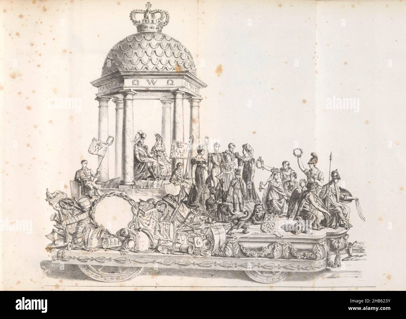 Cinquième flotteur dans la procession de Saint Rombout, 1825, cinquième flotteur dans la procession de Saint Rombout.Le char dédié à la Maison d'Orange-Nassau.Au sommet d'un temple, asseyez le roi et la reine, devant les princes et les princesses accompagnés de quelques vertus.Le défilé a eu lieu les 28 juin, 5 et 12 juillet 1825.Illustration dans une publication pour marquer le 50th anniversaire en 1825 du jubilé de Saint Rumoldus ou Rombout, patron de la ville de Mechelen., imprimeur: Frans Vervloet, imprimeur: Burggraaff, imprimeur: Mechelen, imprimeur: Bruxelles, éditeur: Mechelen,1825 Banque D'Images