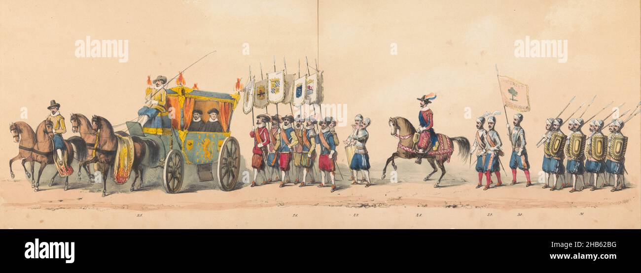 Procession historique par les étudiants du Groningse Hogeschool, 1850 (planche 4), représentation costumée de l'entrée de Maurits, Prince d'Orange, Comte de Nassau etc. Et Willem Lodewijk, Comte de Nassau, à Groningen en 1594,Par les étudiants H.H. du Collège Groninger à l'occasion de l'inauguration du nouveau bâtiment de l'académie (titre de série sur objet), défilé costumé historique des étudiants du Hogeschool de Groningen le 25 septembre 1850 à l'occasion de l'inauguration du nouveau bâtiment de l'académie.Le défilé dépeint l'entrée du prince Maurice à Groningue le 22 Banque D'Images