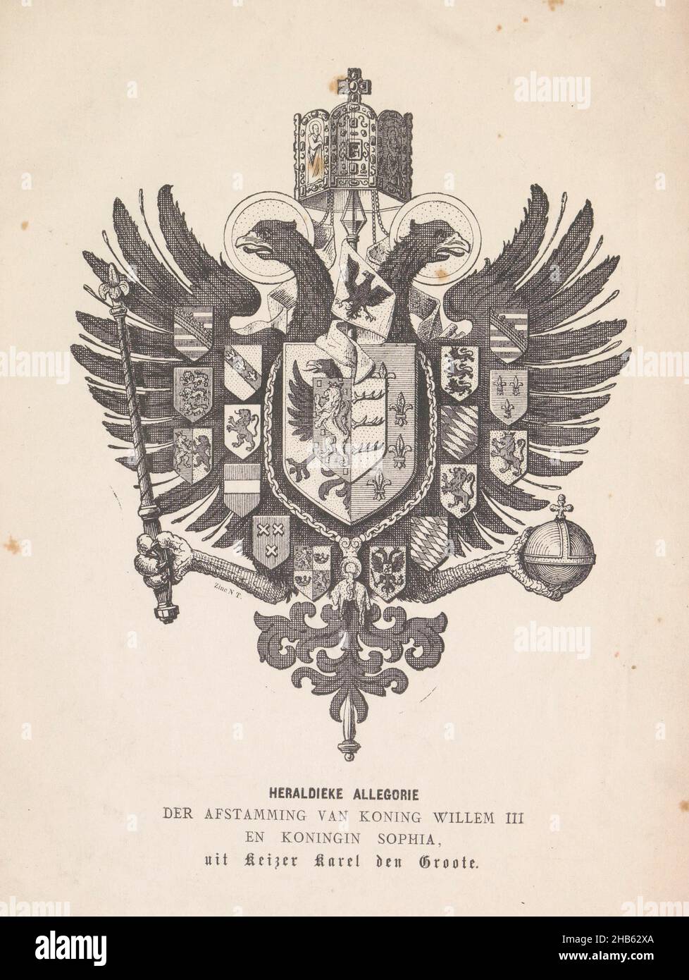 Allégorie héraldique de la descente du roi Guillaume III et de la reine Sophia de l'empereur Charles le Grand [1874, Imprimeur: Anonyme, pays-Bas, 1874, papier,hauteur 282 mm × largeur 219 mm Banque D'Images