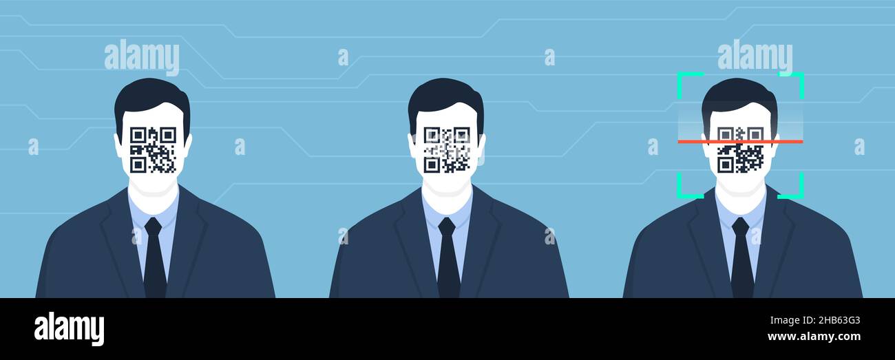 Série d'hommes d'affaires identiques avec code QR sur leur visage: Identité numérique et concept de normalisation Illustration de Vecteur