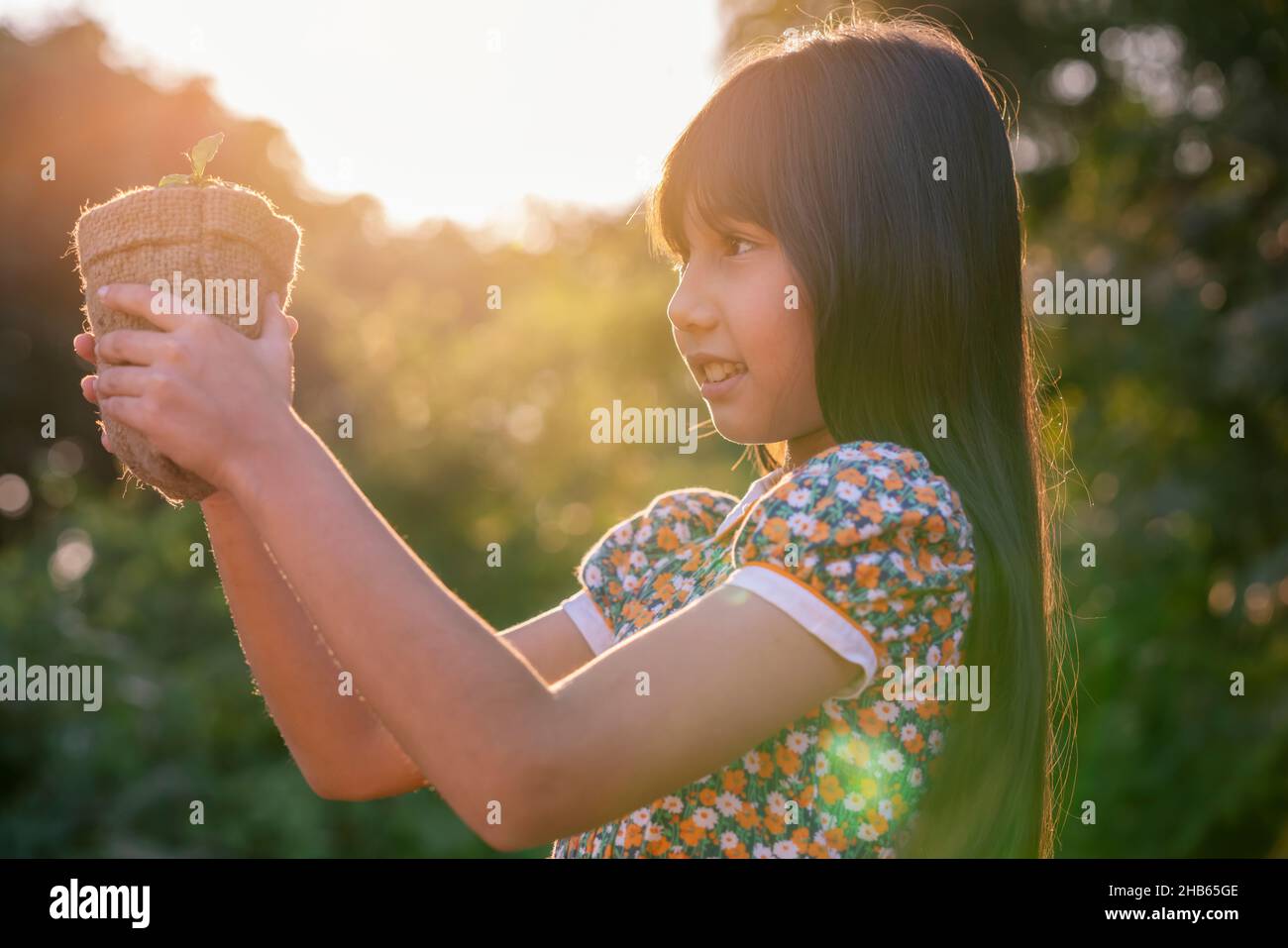 Jeune plante et fille.Petite fille mignonne donner une petite plante au soleil.Bonheur la nouvelle vie sauve la terre et le concept d'écosystème. Banque D'Images