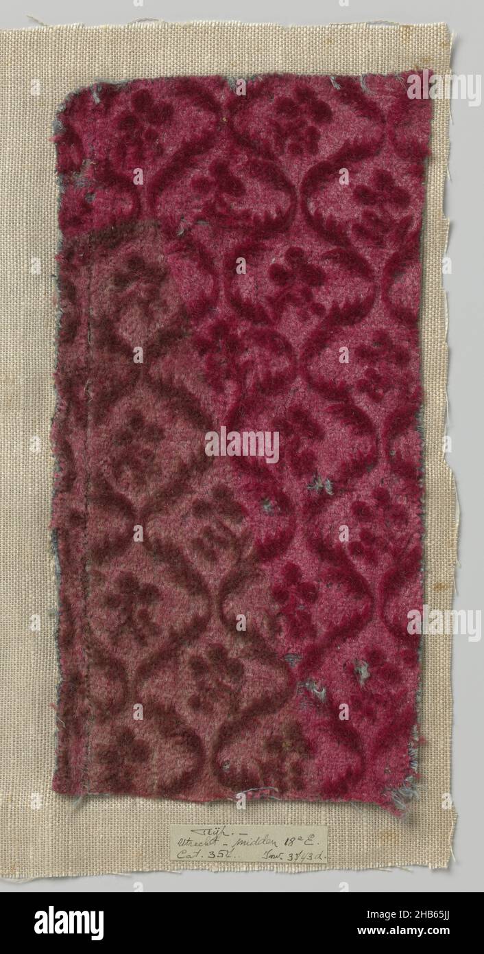 Fragment de velours rouge gaufré, fragment de velours rouge gaufré.Le motif pressé a des cartoues ovales à l'intérieur desquelles est une branche de fleur., Utrecht, 1750, laine, hauteur 22,6 cm × largeur 11,5 cmhauteur 5,5 cm × largeur 5 cm Banque D'Images