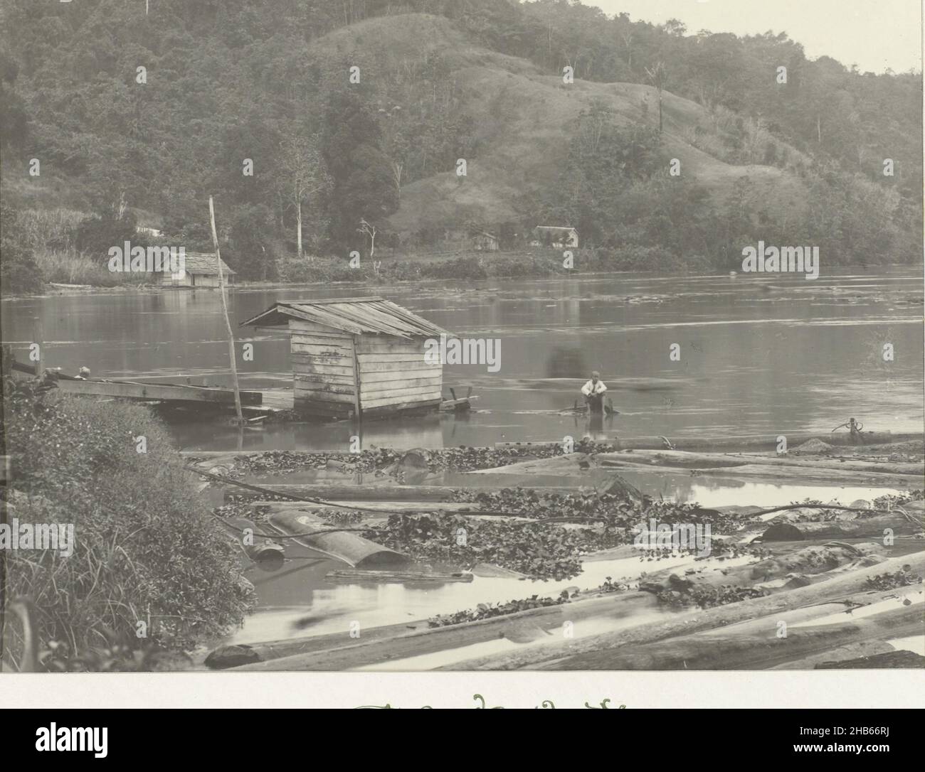 Grumes dans l'eau, vue sur la rive d'une rivière ou d'un lac avec des rondins flottant dans l'eau.Photo dans l'album photo sur l'extraction de pétrole à Bornéo par la Royal Dutch Petroleum Company (KNPM) dans les années 1903-1907., anonyme, Kalimantan, 1903 - 1907, papier,imprimé gélatine argent, hauteur 215 mm × largeur 280 mm hauteur 385 mm × largeur 440 mm Banque D'Images