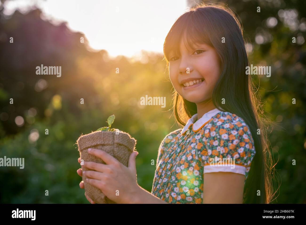 Jeune plante et fille.Petite fille mignonne donner une petite plante au soleil.Bonheur la nouvelle vie sauve la terre et le concept d'écosystème. Banque D'Images