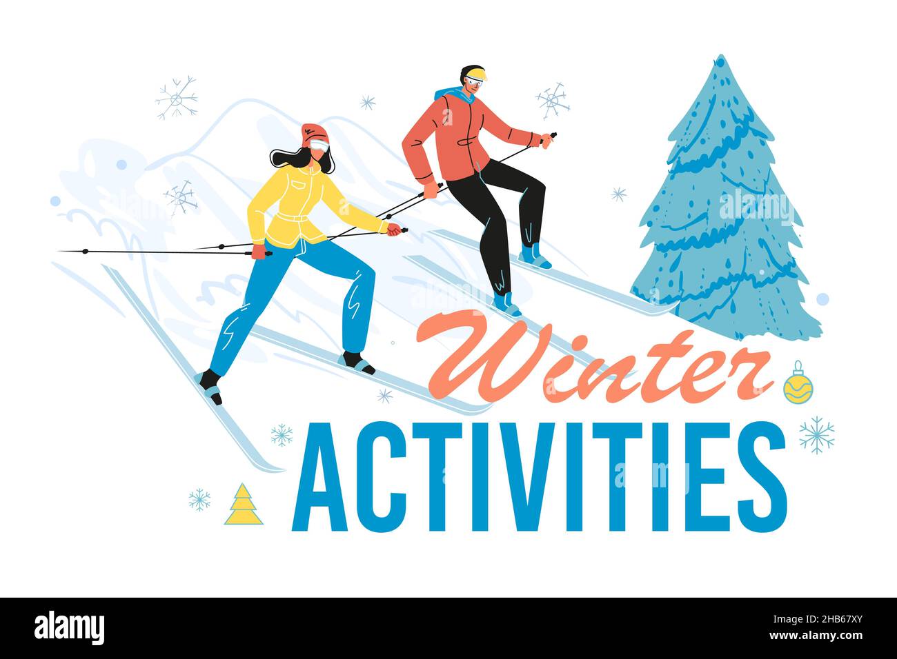 Affiche des activités d'hiver avec femme et homme ski Illustration de Vecteur