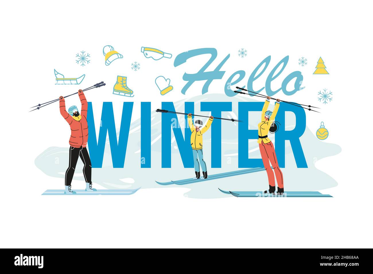 Affiche Hello Winter avec une famille heureuse sur le ski Illustration de Vecteur
