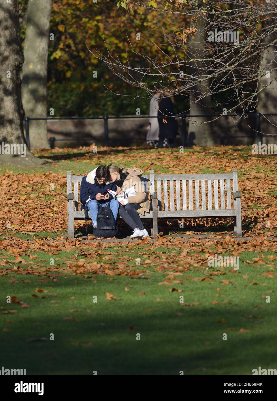 Londres, Angleterre, Royaume-Uni.Jeune couple sur un banc de parc à St James's Park, décembre 2021 Banque D'Images