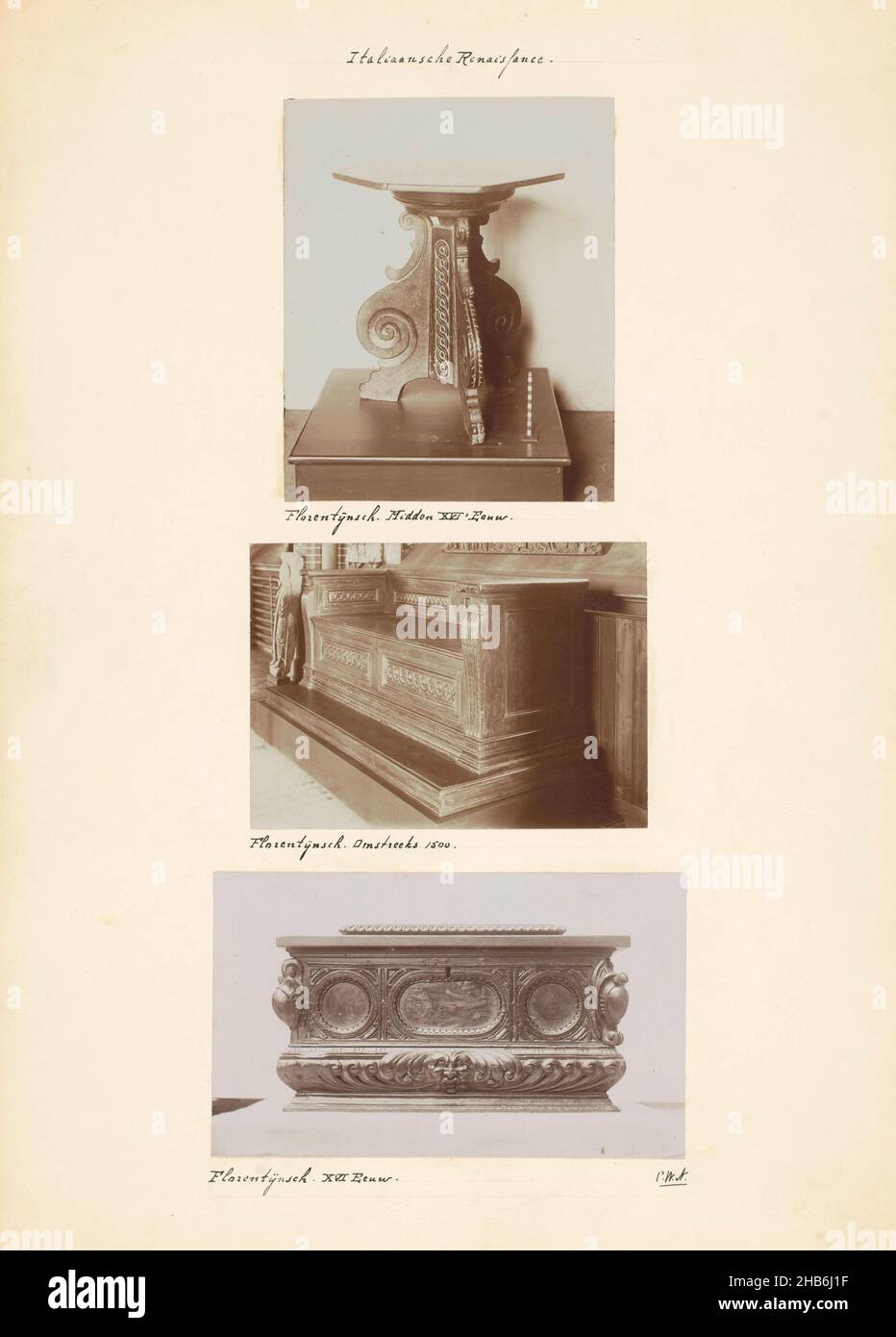 Deux meubles et un piédestal, Florentin.Milieu XVIème siècle (titre sur objet), Florentine.Vers 1500.(Titre sur objet), Florentine.XVIe siècle.(Titre sur objet), au-dessus d'une table en bois avec une base décorée de spirales, centrer un banc en bois décoré de spirales et de pilastres, en dessous d'un piédestal carré décoré de cartouettes et d'un monstre marin dans les vagues., anonyme, Europe, c.1875 - c.1900, carton, support photographique, hauteur 446 mm × largeur 313 mm Banque D'Images