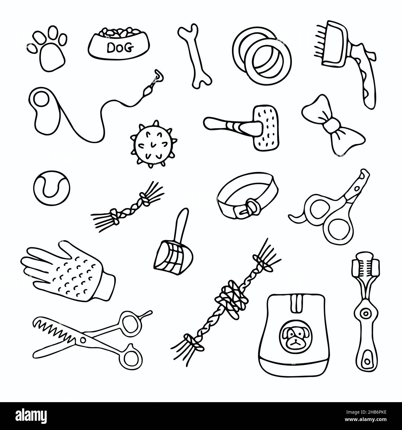 Jeu d'accessoires de caniche à encre dessinés à la main pour chiens.Jouets pour chiens, ciseaux, peigne, nourriture, balles,illustration de l'os, de la patte, de la pelle et du vecteur de laisse Illustration de Vecteur