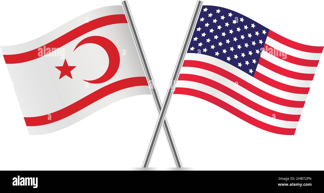 La République turque de Chypre du Nord et l'Amérique ont croisé drapeaux : Chypre du Nord et drapeaux américains sur fond blanc. Illustration de Vecteur