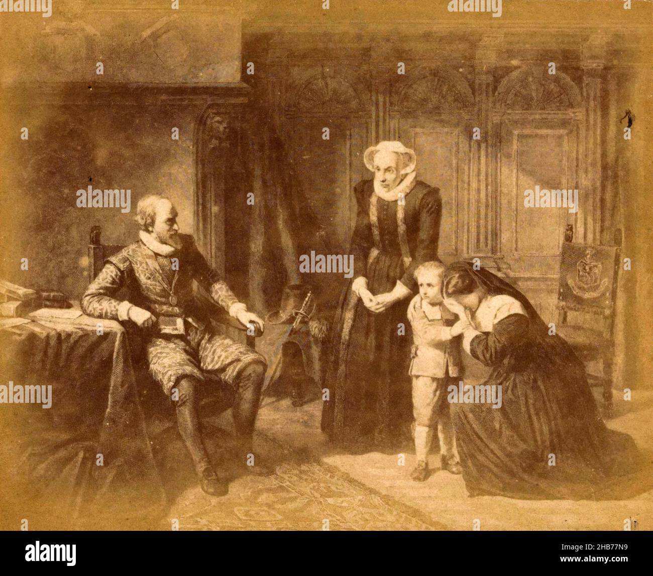Photoréproduction d'une gravure de la veuve de Johan van Oldenbarnevelt  avec le prince Maurice en 1628, anonyme, anonyme, pays-Bas, 1850 -  1900,support photographique, carton, imprimé albumine, hauteur 59 mm ×  largeur 74