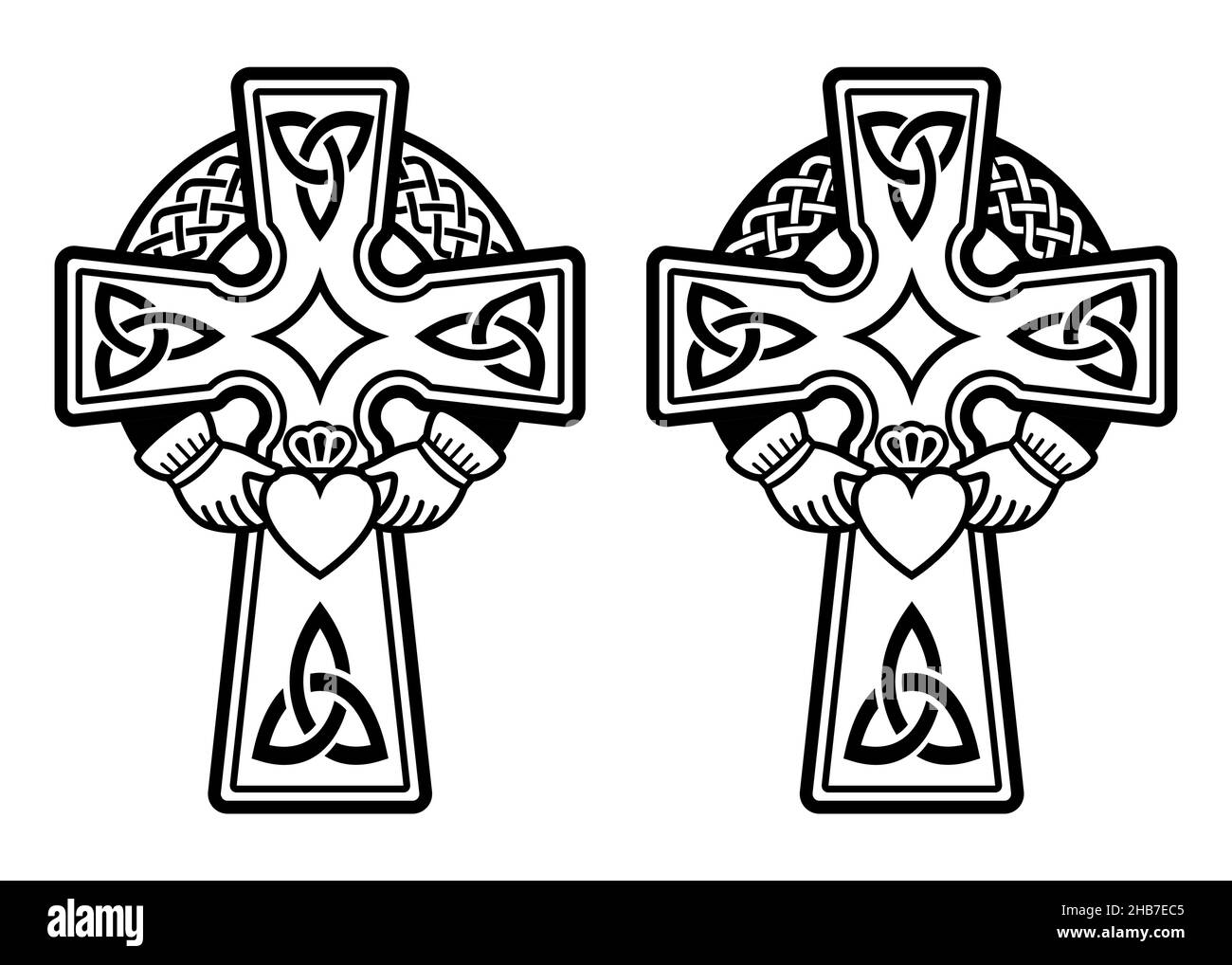 Croix celtique irlandaise avec bague Claddagh - coeur et mains vecteur design set - fête de la St Patrick en Irlande Illustration de Vecteur