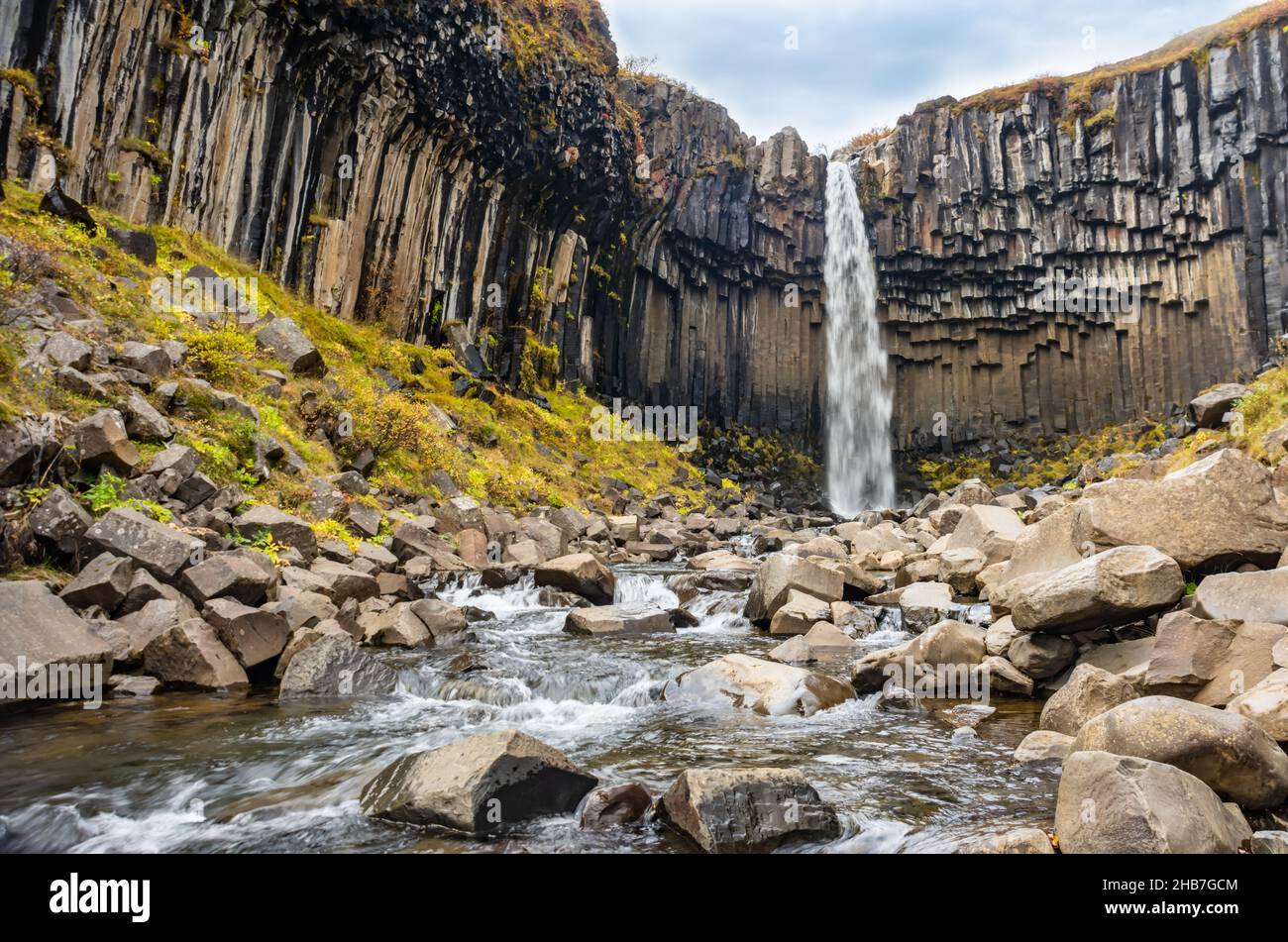 Svartifoss, célèbre cascade noire, parc national de Skaftafel en Islande Banque D'Images