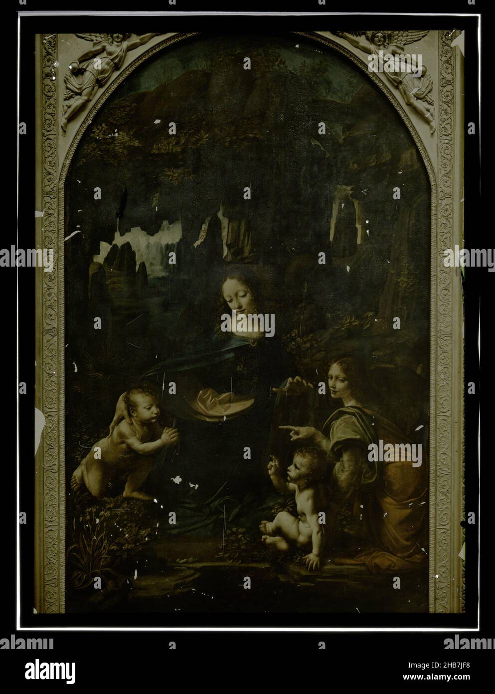 Reproduction de Leonardo da Vinci, Vierge sur les rochers, Louvre, anonyme, d'après: Leonardo da Vinci, 1907 - 1935, verre, toboggan, hauteur 180 mm × largeur 240 mm Banque D'Images