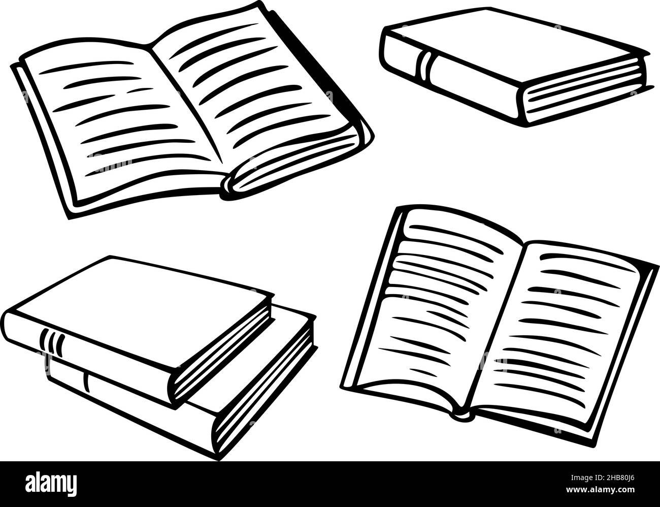 Illustration vectorielle avec collection de livres.Livres ouverts et fermés en noir et blanc. Illustration de Vecteur