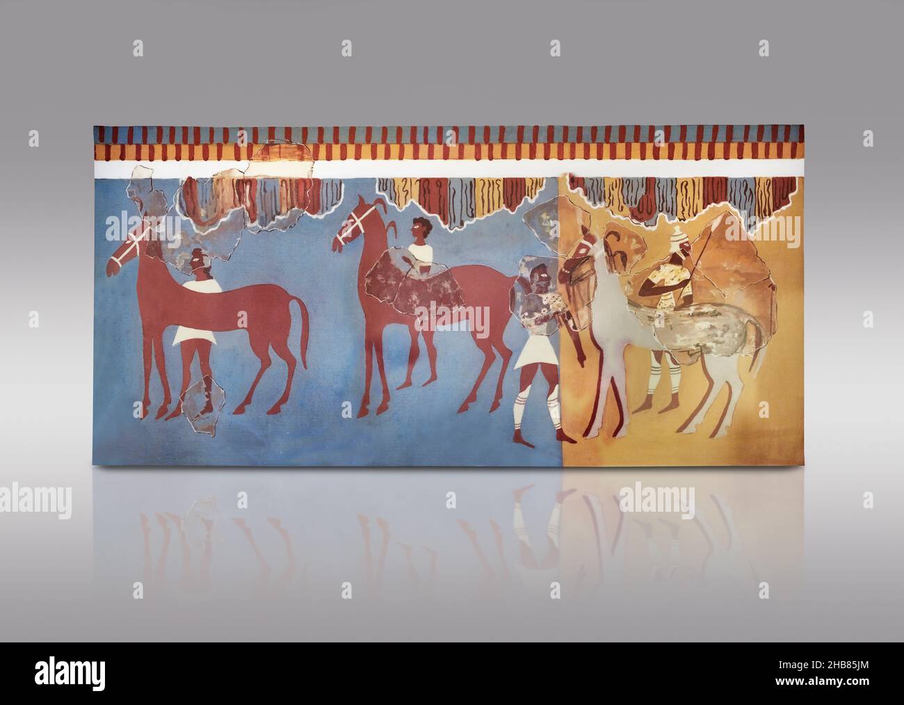 Fresque murale mycénienne d'un guerrier, chevaux et grroms, 1500-1400 av. J.-C., du Palais de Mycènes, zone de Pitos.Mycènes.Site archéologique de Mycenae Mu Banque D'Images
